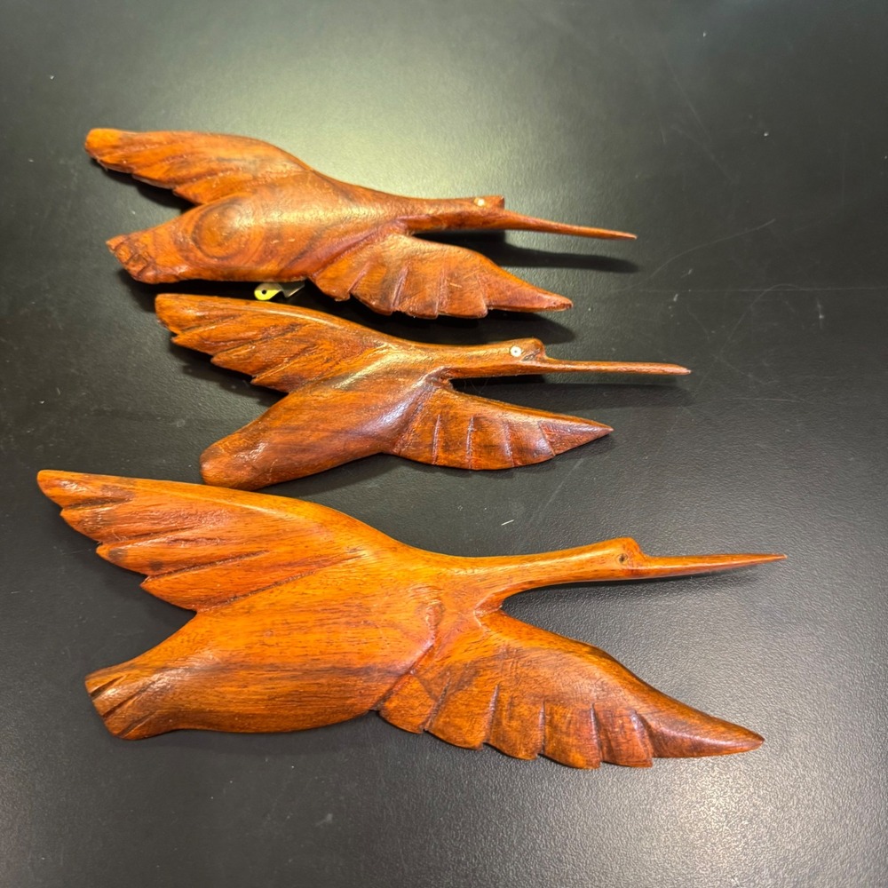 Hand Carved Wood Flying Birds Wall Decor Set of 3 Brown MCM Style Art
